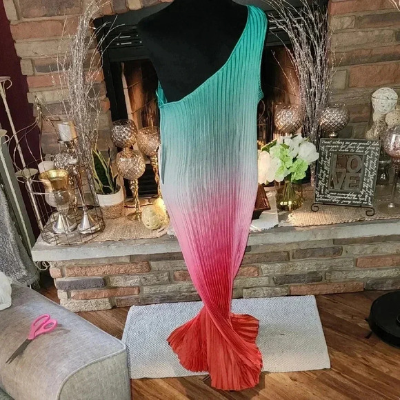 Nicole by Nicole Miller Blue, Pink,  and Green Asymmetrical Ruffled Sheath Dress - Picture 3 of 5